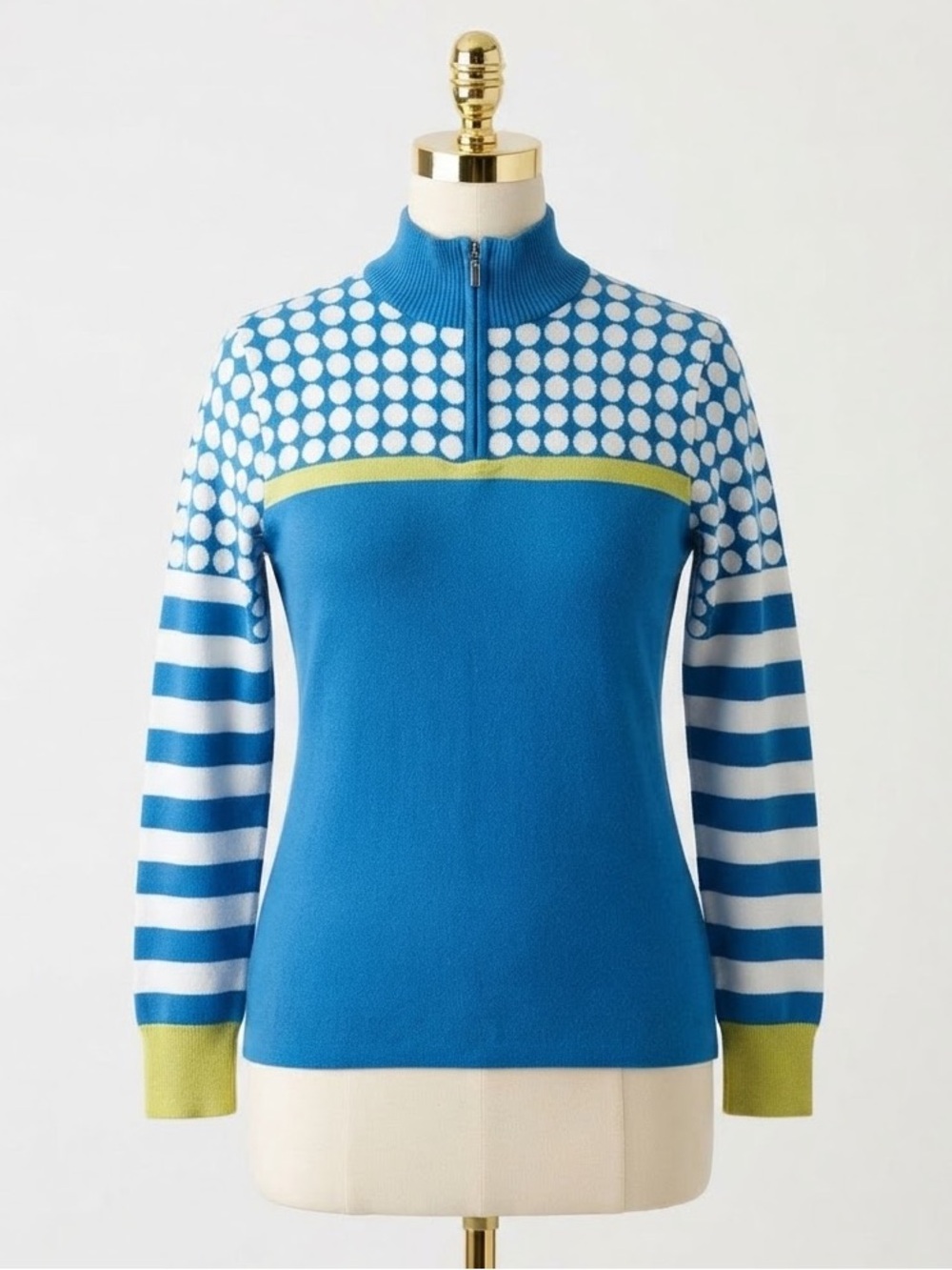 Neve Polka Dot Striped Quarter Zip Mock Neck Pullover Sweater Blue Green Large